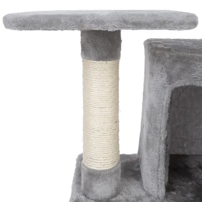 Kratzbaum mit grauem Plüschbezug, Sisal-Kratzsäule und Höhle. Ideal für Katzen zum Kratzen und Verstecken.