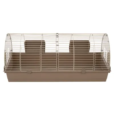 Cage pour petits animaux avec base en plastique beige et structure grillagée blanche, deux ouvertures sur le dessus visibles.