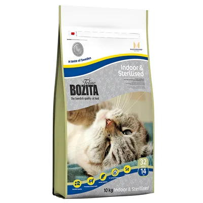 Bozita Feline Indoor & Sterilised hrană pentru pisici, 10 kg. Calitate suedeză, cu MacroGard și seleniu. Pentru pisici sterilizate. Proteină 32%, grăsime 14%.