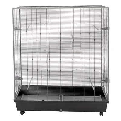 Large metal cage with mesh walls, black plastic base and wheels. Suitable for small animals or birds. Includes multiple doors and removable trays.