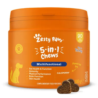 Zesty Paws 5-in-1 Chews, multifunkciós, 90 puha falat, pulykában gazdag. Támogatja a bélrendszert, immunitást, fizikai teljesítményt, agyműködést és bőr egészségét. 300g.