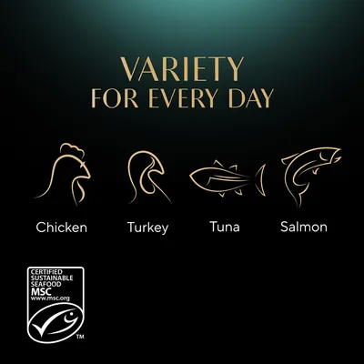Testo in inglese: Variety for every day. Chicken, Turkey, Tuna, Salmon. Certificato MSC Certified Sustainable Seafood www.msc.org.