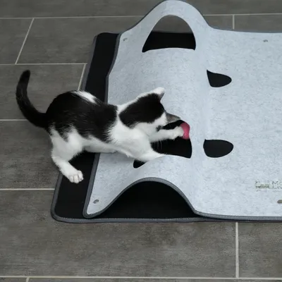 Chaton noir et blanc jouant avec une balle rose sous un tapis d’activité en feutre gris percé de plusieurs ouvertures, posé sur un sol carrelé.