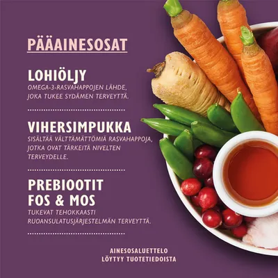 PÄÄAINESOSAT: lohiöljy – omega-3-rasvahappojen lähde, viher-simpukka – sisältää välttämättömiä rasvahappoja, prebiootit FOS & MOS – tukevat ruoansulatusjärjestelmän terveyttä.