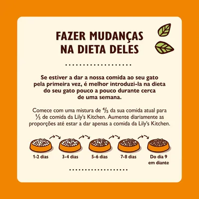 Instruções para mudar a dieta do gato para Lily's Kitchen: misturar gradualmente durante uma semana, aumentando a proporção até ao dia 9. Inclui ilustrações de taças e texto explicativo.