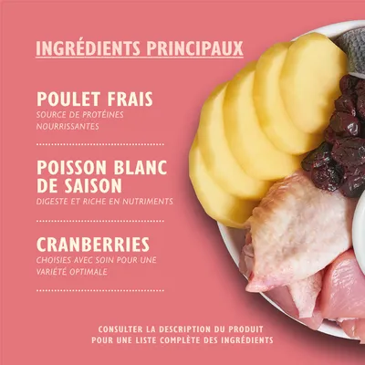 Texte en fr_BE : Ingrédients principaux – poulet frais, poisson blanc de saison, cranberries. Consulter la description du produit pour une liste complète des ingrédients.