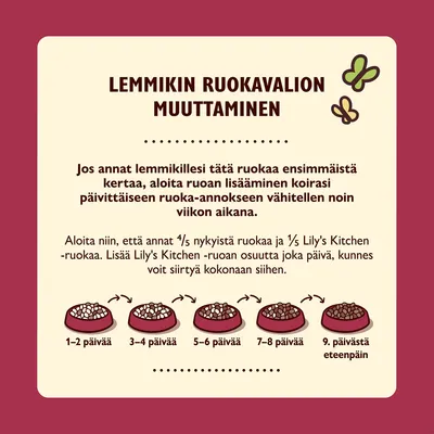 Ohje lemmikin ruokavalion muuttamiseen: lisää Lily's Kitchen -ruokaa vähitellen viikon aikana, alkaen 1/5 osuudella ja siirtyen kokonaan uuteen ruokaan 9. päivästä eteenpäin.
