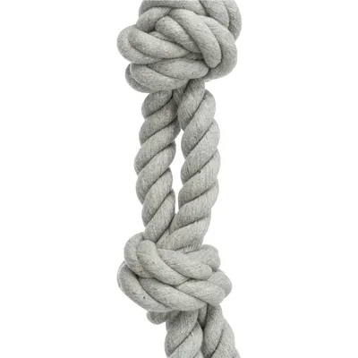 Grijs touwspeelgoed met twee knopen, gemaakt van stevig materiaal.