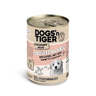 Dogs'n Tiger Schlemmer-Menü Grünschnabel, Geflügel mit Reis, Karotte & Zucchini. 63% Fleischmahlzeit, für Welpen. Made in Germany.