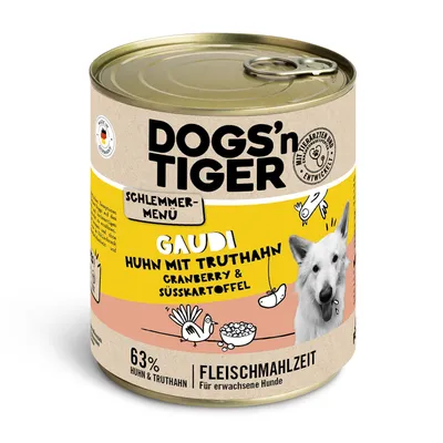 Dogs'n Tiger Schlemmer-Menü Gaudi: Huhn mit Truthahn, Cranberry & Süsskartoffel. 63% Huhn & Truthahn. Fleischmahlzeit für erwachsene Hunde. Mit Tierärzten entwickelt.
