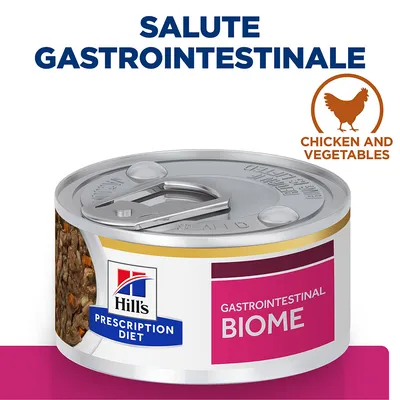 Hill's Prescription Diet Gastrointestinal Biome, salute gastrointestinale, chicken and vegetables. Testo visibile in inglese e italiano sulla confezione della lattina.