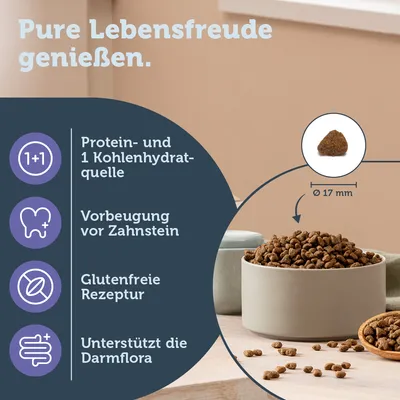 Pure Lebensfreude genießen. Protein- und 1 Kohlenhydratquelle, Vorbeugung vor Zahnstein, glutenfreie Rezeptur, unterstützt die Darmflora. Krokettengröße Ø 17 mm.