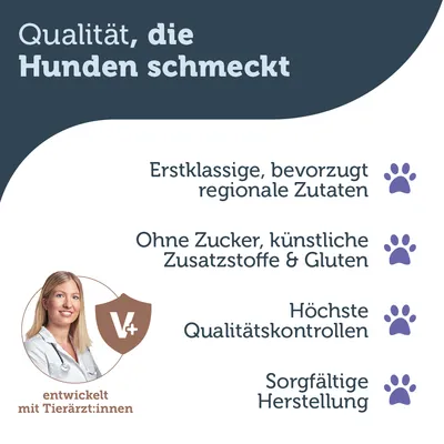 Qualität, die Hunden schmeckt. Erstklassige regionale Zutaten, ohne Zucker, künstliche Zusatzstoffe & Gluten, höchste Qualitätskontrollen, sorgfältige Herstellung, entwickelt mit Tierärzt:innen.