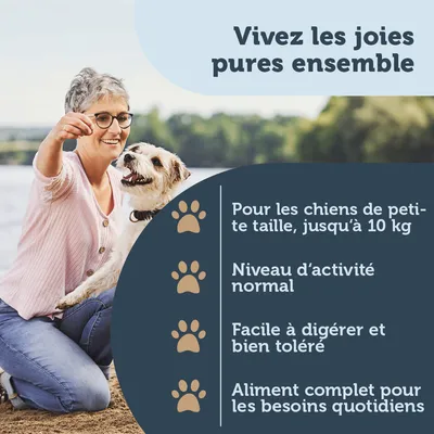 Vivez les joies pures ensemble. Pour les chiens de petite taille, jusqu’à 10 kg. Niveau d’activité normal. Facile à digérer et bien toléré. Aliment complet pour les besoins quotidiens.