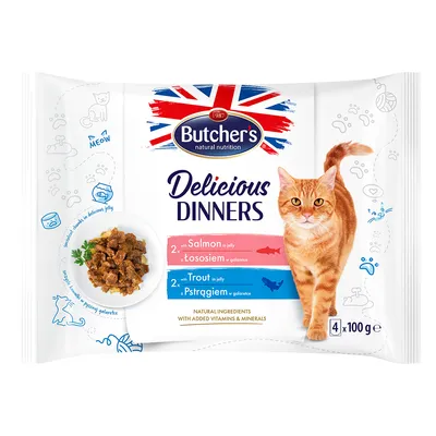 Butcher's Delicious Dinners pour chat, 2x saumon en gelée, 2x truite en gelée, 4 sachets de 100 g. Ingrédients naturels avec vitamines et minéraux ajoutés. Texte en anglais et polonais.