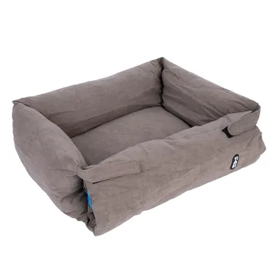 Grey rectangular pet bed with soft padded sides and a logo patch on the front.