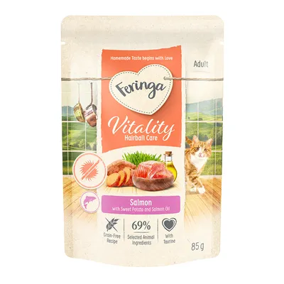 Feringa Vitality Hairball Care für Erwachsene, Geschmack Lachs mit Süsskartoffel und Lachsöl. Getreidefrei, 69% ausgewählte tierische Zutaten, mit Taurin. Packungsgrösse: 85g.