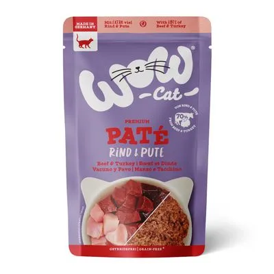 WOW Cat Premium Paté Rind & Pute, 70% rund en kalkoen, graanvrij. Made in Germany. Afbeelding van vlees en paté op de verpakking.