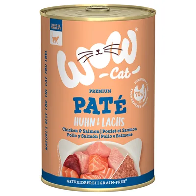 Wow Cat Premium Paté pollo y salmón, hecho en Alemania, sin cereales, 70% de pollo y salmón. Imagen de trozos de carne.