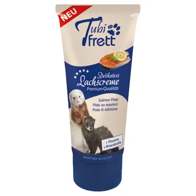 Tubi frett Delikatess Lachscreme Premium-Qualität, Salmon Paté, kuvassa kaksi frettiä ja lohipatee-annos, teksti: + Vitamine + Mineralstoffe Tubi frett Delikatess Lachscreme Premium-Qualität, Salmon Paté, kuvassa kaksi frettiä ja lohipatee-annos, teksti: + Vitamine + Mineralstoffe