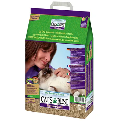 Cat's Best Nature Gold -kissanhiekka, Mini Power Pellets, 10 kg. Pakkauksessa kuva kissasta ja tuotteen ominaisuuksia useilla kielillä, kuten non-stick effect ja anti-haft-effekt.