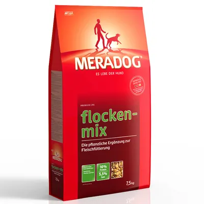 MERADOG flocken-mix, Die pflanzliche Ergänzung zur Fleischfütterung, 10 % Protein, 5,5 % Fett, 7,5 kg. Rød pose med billede af foderpiller.