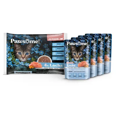 Pawsome! Junior pakiet ekonomiczny 4x łosoś w sosie. Bez zbóż, bez dodatku cukru, bez sztucznych barwników i aromatów. Odpowiedni dla młodych kotów.