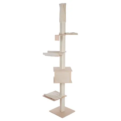 Árbol rascador de madera con varios niveles, poste de sisal y superficies acolchadas para descansar.