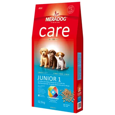 MERADOG care JUNIOR 1 koiranruoka, 12,5 kg. Pakkauksessa kolme pentukoiraa, Careconcept-merkki, proteiini 29 %, rasva 16 %. Näkyvissä MINI, MEDI, MAXI -symbolit.