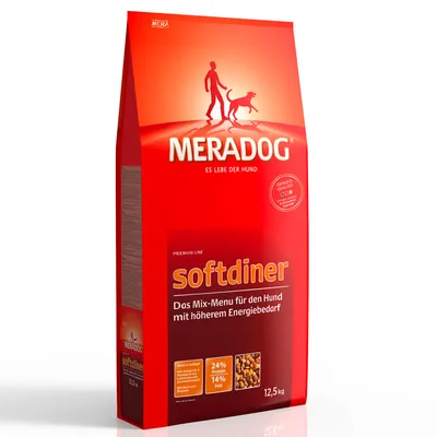 Sac Meradog softdiner 12,5 kg, text vizibil: Das Mix-Menu für den Hund mit höherem Energiebedarf, 24% Protein, 14% Fett. Imagine cu granule pe ambalaj. Text în germană.
