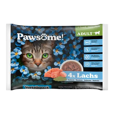 Pawsome! Adult karma dla kotów, pakiet 4 saszetek z łososiem. 88% składników pochodzenia zwierzęcego, bez zbóż, z tauryną i witaminami, bez dodatku cukru.