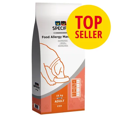 SPECIFIC Food Allergy Management, 15 kg DOG ADULT CDD. Stor gul cirkel med rød tekst: TOP SELLER. Illustration af hund ved madskål på emballagen.