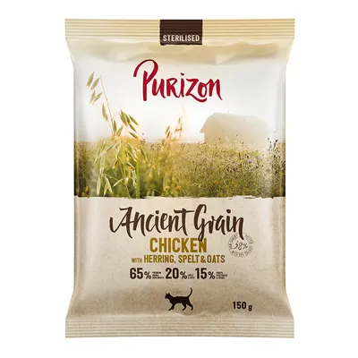 Purizon Sterilised Ancient Grain poulet avec hareng, épeautre et avoine. 65 % ingrédients premium, 20 % céréales complètes, 15 % fruits et herbes. 150 g.