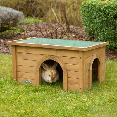 Abri pour rongeur ou lapin en bois avec deux entrées voûtées, posé sur de l’herbe, toit plat recouvert d’un revêtement vert visible.