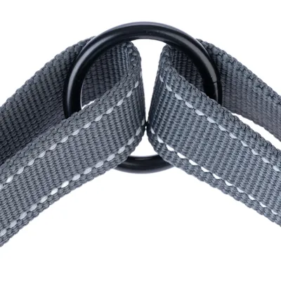 Primo piano di un nastro in nylon grigio con cuciture rifrangenti e anello in metallo nero.