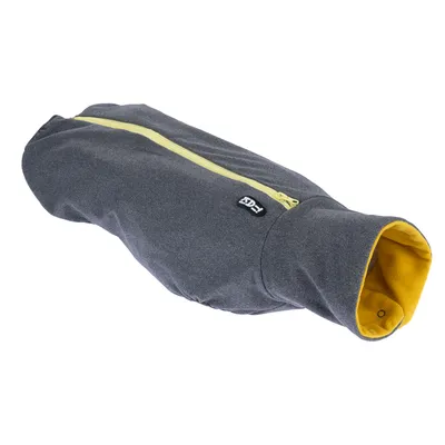 Manteau pour chien en tissu gris avec doublure jaune, fermeture éclair jaune sur le dos et étiquette visible REX.