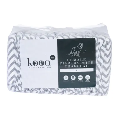 kooa Female Diapers with Charcoal, size L, 15 pieces. Features: leak-proof, wetness indicator, one layer of activated charcoal, super absorbent.