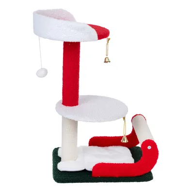 Arbre à chat avec deux plateformes blanches et rouges, poteaux recouverts de corde, jouet suspendu en boule blanche et clochettes dorées, base verte, revêtement tissu peluche.
