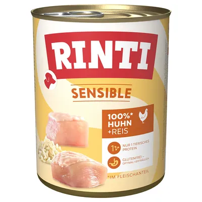 Lata de Rinti Sensible, texto visible: 100 %* Huhn + Reis, nur 1 tierisches Protein, glutenfrei – optimal verträglich, imágenes de pollo y arroz. *im Fleischanteil.