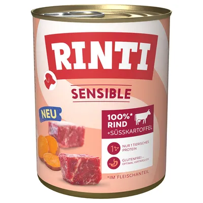 Lata de Rinti Sensible, texto visible: 100%* Rind + Süßkartoffel, nur 1 tierisches Protein, glutenfrei – optimal verträglich, NEU. Imagen de carne y boniato. Texto en alemán.