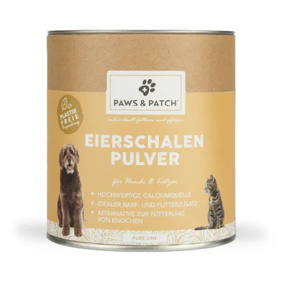Boîte Paws & Patch Eierschalen Pulver, texte allemand : source de calcium, complément BARF et alimentaire, alternative aux os, emballage sans plastique, pour chiens et chats.