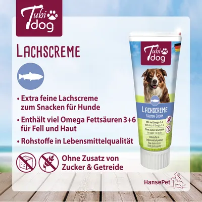 TubiDog Lachscreme für Hunde. Extra feine Lachscreme, Omega Fettsäuren 3+6 für Fell und Haut, Rohstoffe in Lebensmittelqualität, ohne Zucker & Getreide.