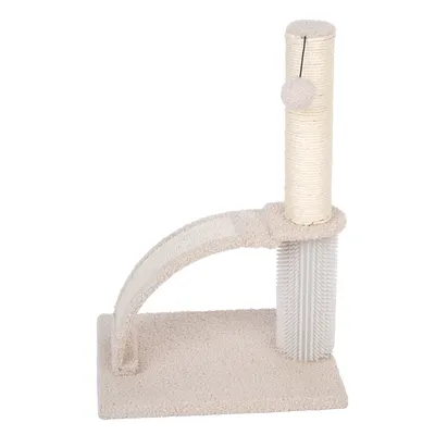 Arbre à chat beige avec poteau en sisal, brosse courbée, base recouverte de tissu et balle suspendue. Matériaux visibles : sisal, plastique, tissu.