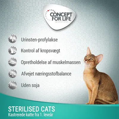 CONCEPT FOR LIFE. Urinsten-profylakse, kontrol af kropsvægt, opretholdelse af muskelmassen, afvejet næringsstofbalance, uden soja. STERILISED CATS, Kastrerede katte fra 1. leveår.