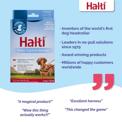 Halti Front Control Harness packaging with key features: stops pulling, controls gently, leaders in no-pull solutions since 1979, award winning, millions of happy customers, user reviews shown.