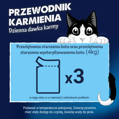 Zalecenia żywieniowe: Dla przeciętnej starszej lub wysterylizowanej kotki (4,0 kg) należy podawać codziennie 3 saszetki, rozdzielone na co najmniej 2 posiłki. Zawsze zapewnij świeżą wodę. Zalecenia żywieniowe: Dla przeciętnej starszej lub wysterylizowanej kotki (4,0 kg) należy podawać codziennie 3 saszetki, rozdzielone na co najmniej 2 posiłki. Zawsze zapewnij świeżą wodę.