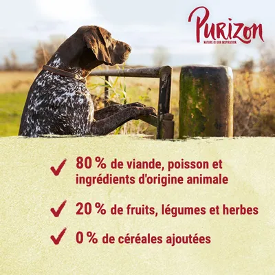 Purizon. 80 % de viande, poisson et ingrédients d'origine animale, 20 % de fruits, légumes et herbes, 0 % de céréales ajoutées.