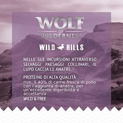 Wolf of Wilderness Wild Hills. Nelle sue incursioni attraverso selvaggi paesaggi collinari, il lupo caccia le anatre. Proteine di alta qualità: min. 40% carne fresca di pollo con anatra.
