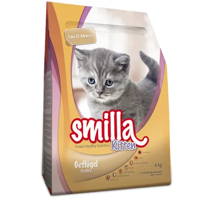 Smilla Kitten torrfoder för kattungar, Geflügel Poultry, 4 kg. Text på tyska: '1 bis 12 Monate', 'Finest Healthy Nutrition'. Bild på grå kattunge på förpackningen.