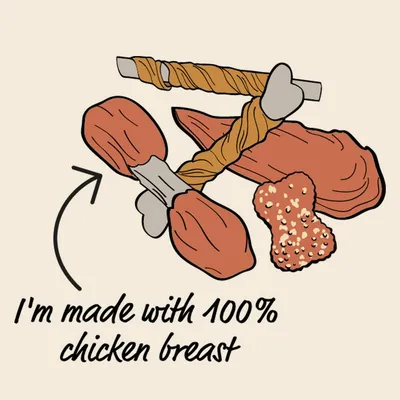 Illustration of treats with text stating made with 100% chicken breast.